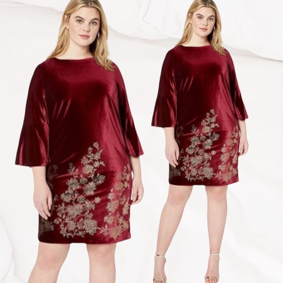 Jessica Howard Velvet Bell Sleeve Sheath Dress with Embroidered Embellishments - Picture 9 of 9